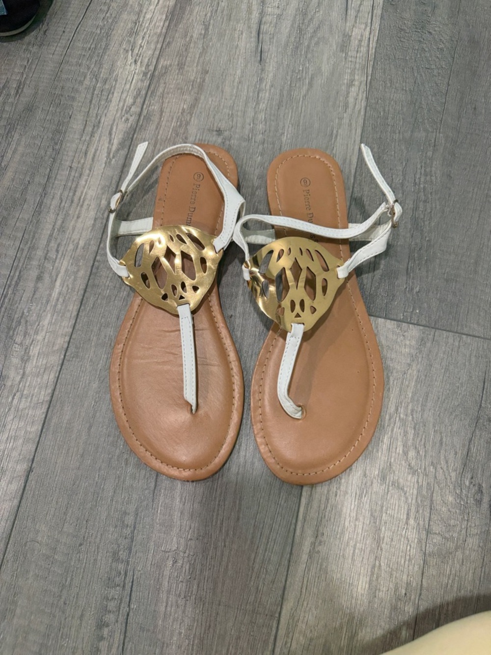 Pierre Dumas White Sandals with Gold Medallion